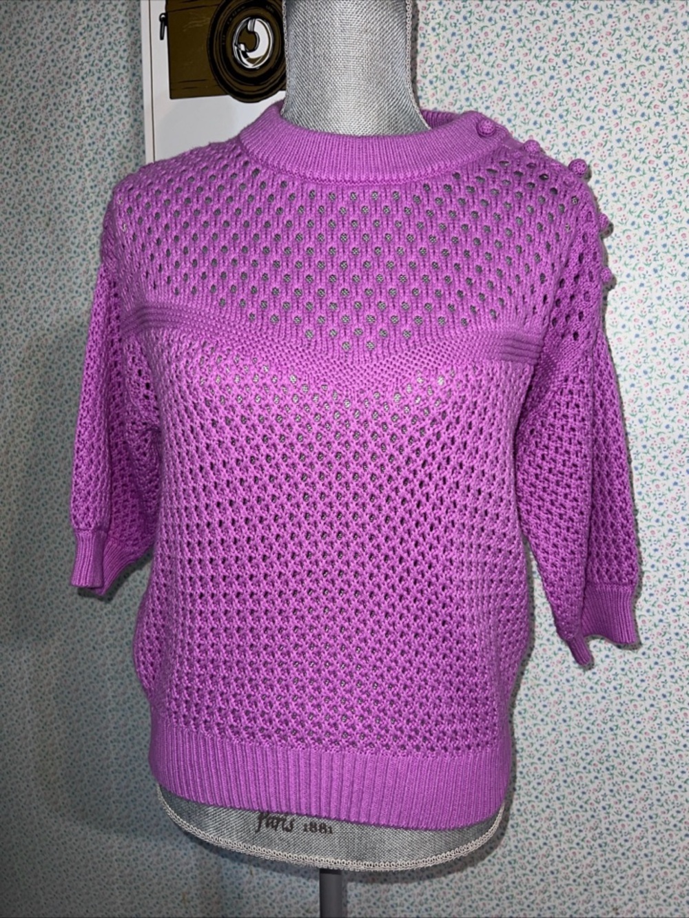 J. Crew  Women's Purple Elbow Sleeve Crochet Knit Shoulder Button Sweater XS